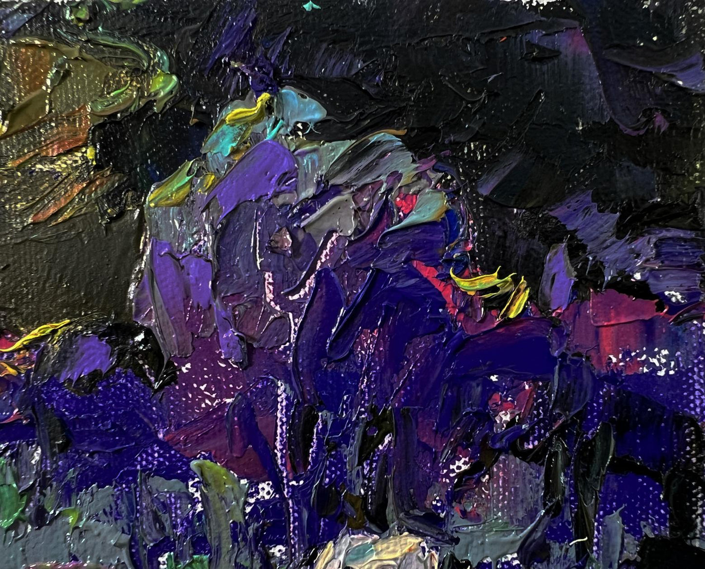 Oil painting Bright blue night by Oleksiy Ivanyuk with purple, black, yellow, teal strokes
