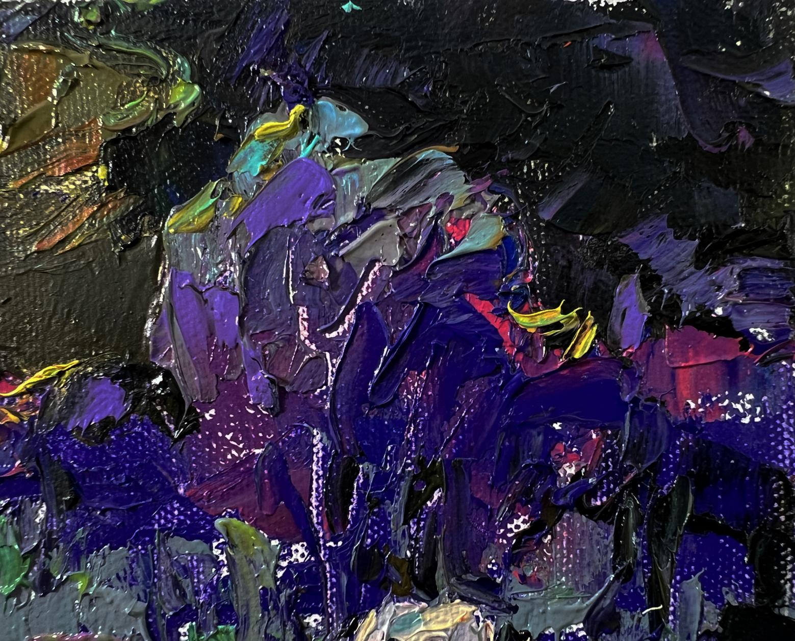 Oil painting Bright blue night by Oleksiy Ivanyuk with purple, black, yellow, teal strokes