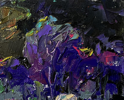 Oil painting Bright blue night by Oleksiy Ivanyuk with purple, black, yellow, teal strokes