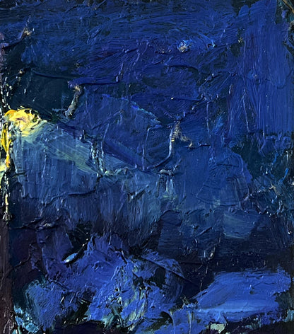 Oil painting Winter night in the village by Boris Serdyuk, deep blues with yellow accent