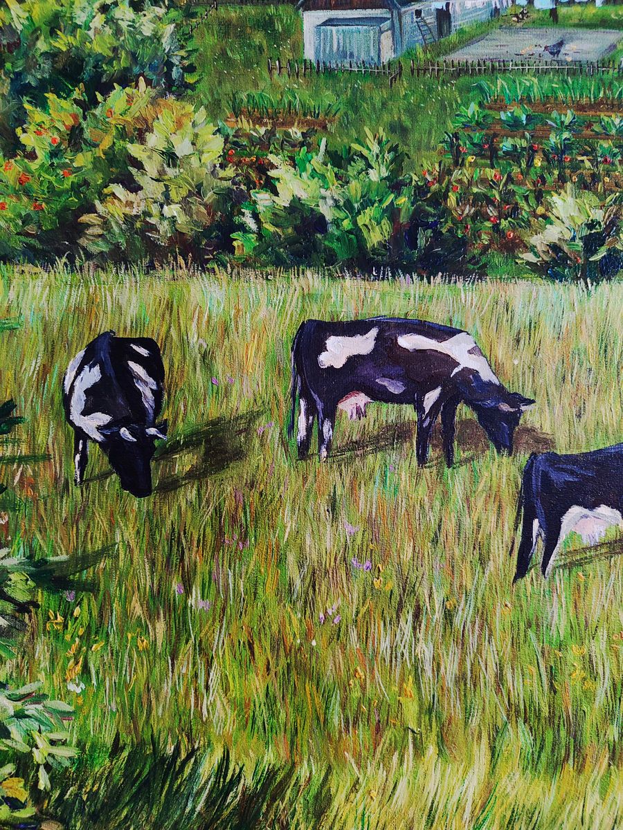 Oil painting of black and white cows grazing in green field by Oksana Sklym