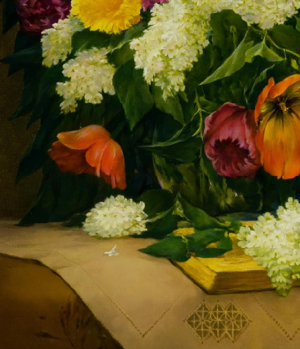 Oil painting Spring bouquet by Vasily Korkishko with daisies and tulips