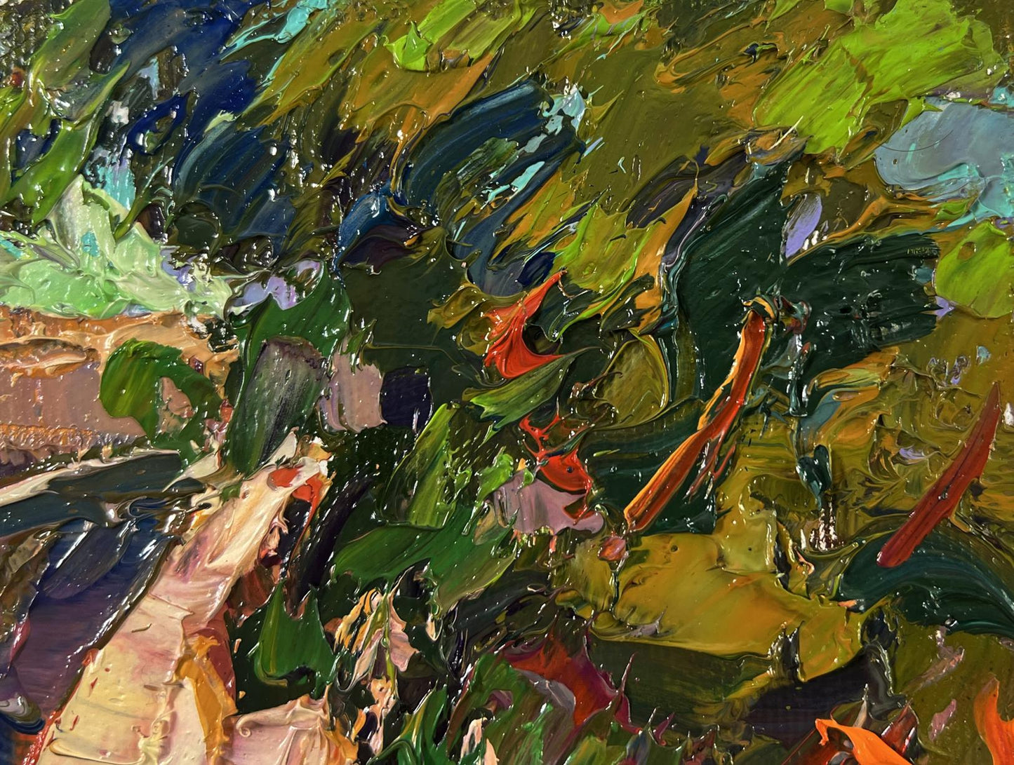 Oil painting Summer village day by Oleksiy Ivanyuk, vibrant green yellow orange strokes