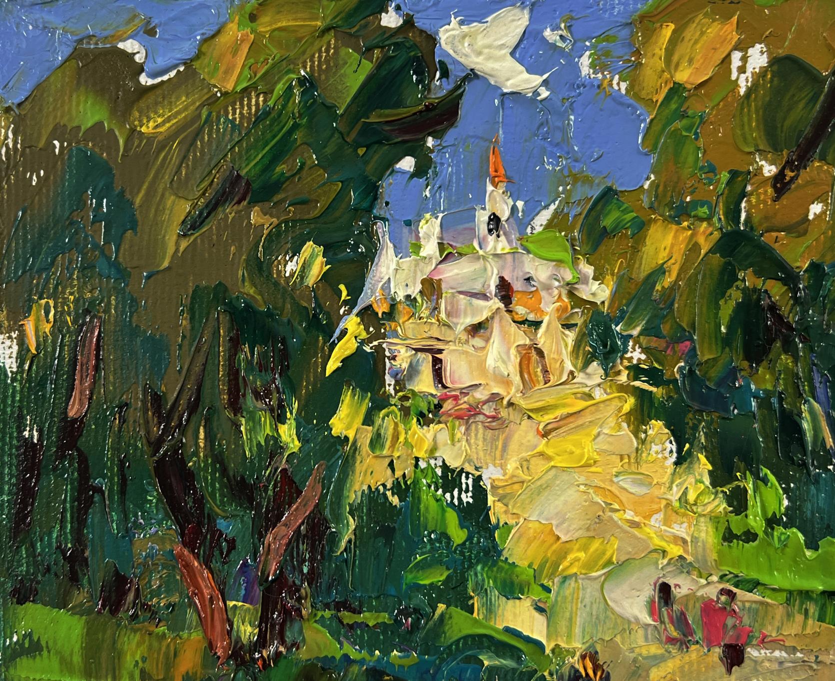 Oil painting Feast day in village by Oleksiy Ivanyuk: white church orange spire trees