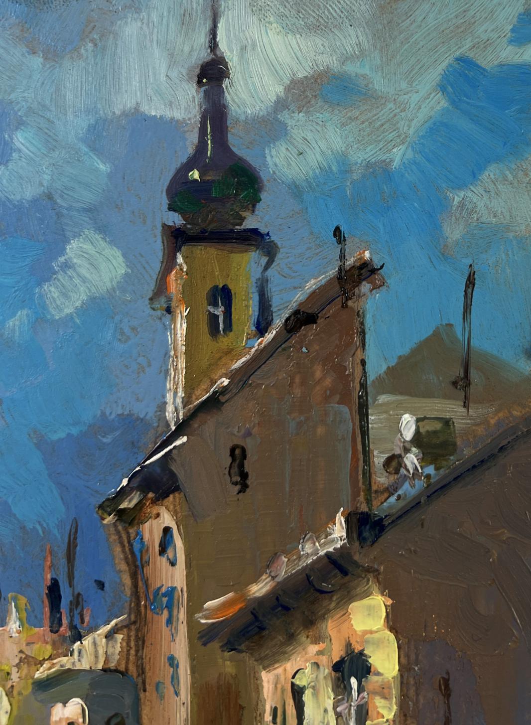 Yellow church steeple with green dome in Yuriy Suprunchuk city street oil painting