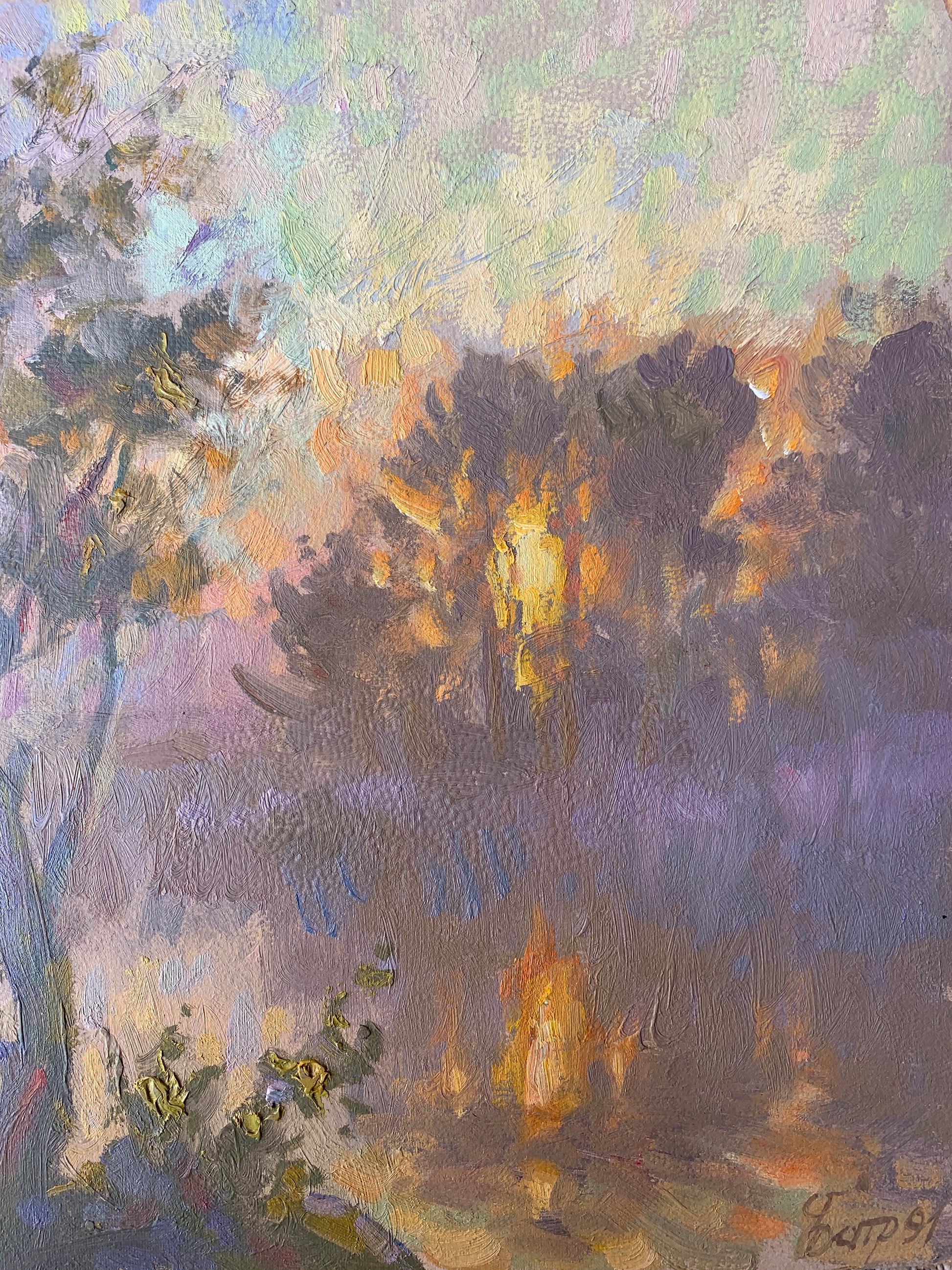 Abstract forest fire oil painting by Vladimir Batrakov, warm textured tones