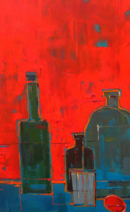 Oil painting Still life in the red room by Natalia Korf-Ivaniuk, green blue glass bottles