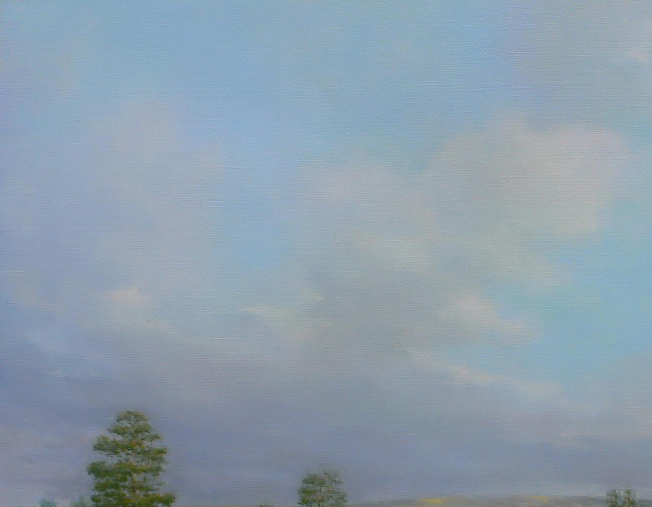 Oil painting of wheat fields by Vasily Korkishko under pale blue sky with wispy clouds