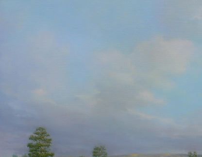 Oil painting of wheat fields by Vasily Korkishko under pale blue sky with wispy clouds