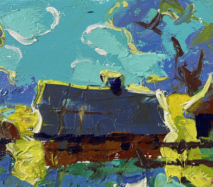 Moonlit night village oil painting by Oleksiy Ivanyuk, textured dark blue building