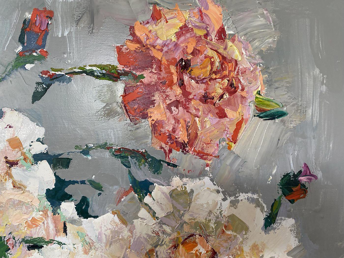 Oil painting Autumn dahlias by Oksana Ivanyuk, vibrant pink orange blooms
