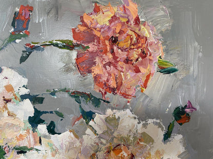 Oil painting Autumn dahlias by Oksana Ivanyuk, vibrant pink orange blooms