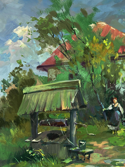 Oil painting of village well by Yuriy Suprunchuk in lush garden