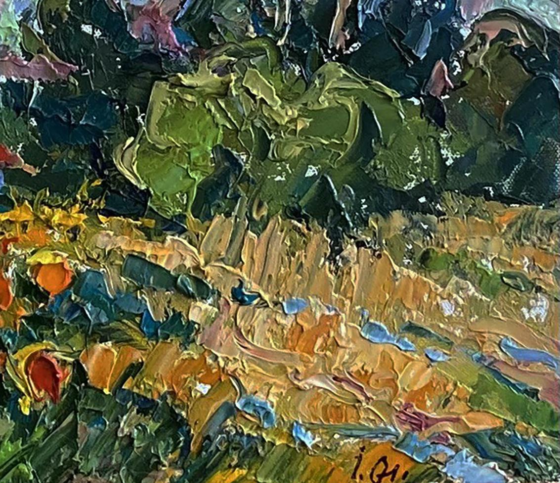 Vibrant Field of Sunflowers oil painting by Oleksiy Ivanyuk with textured green foliage and golden-orange flowers