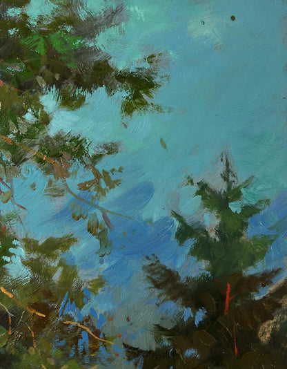 Oil painting Walk in the forest by Yuriy Suprunchuk with green foliage and blue sky