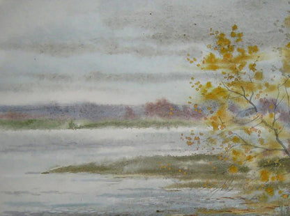 Watercolor painting of autumn shore river by Valery Savenets
