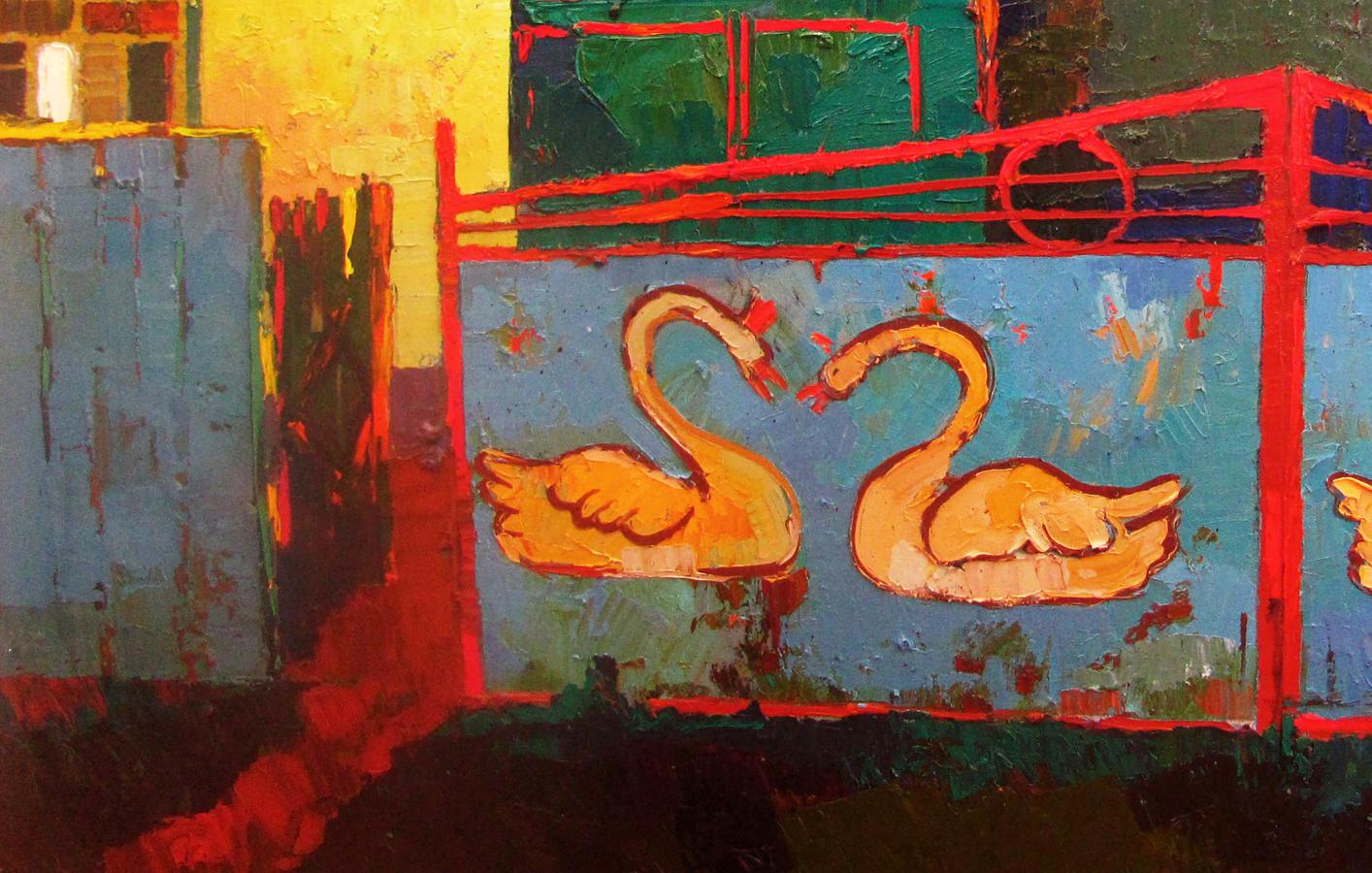 Vibrant orange swans on weathered blue fence in Natalia Korf-Ivaniuk oil painting Gates