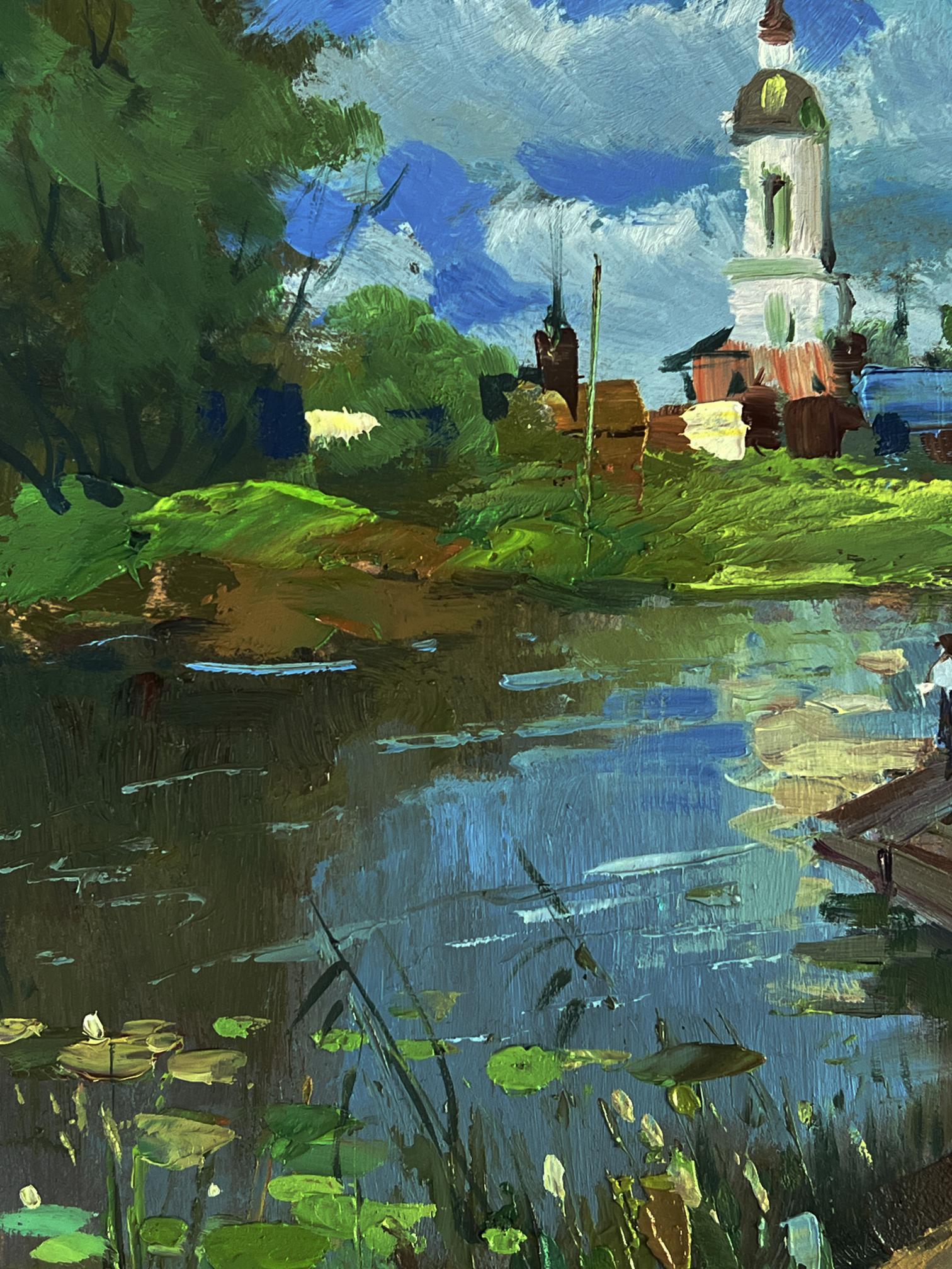 Oil painting of white church with golden dome by bridge over river by Yuriy Suprunchuk