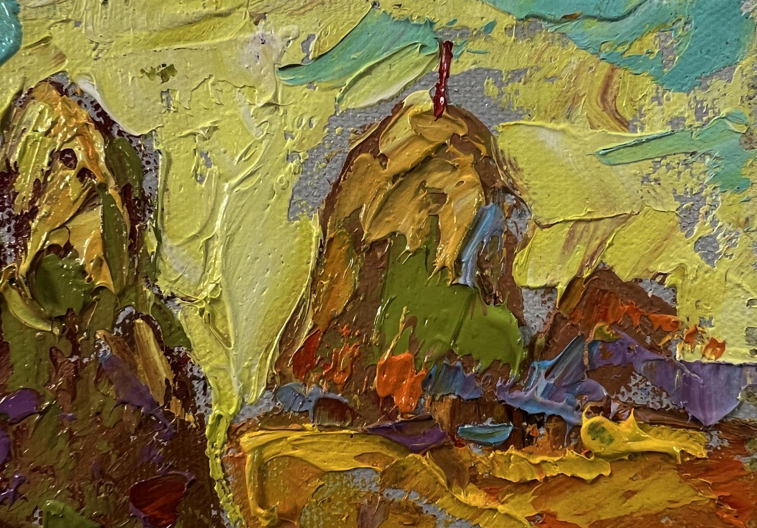 Oil painting Dawn in the field by Oleksiy Ivanyuk, textured mountain landscape