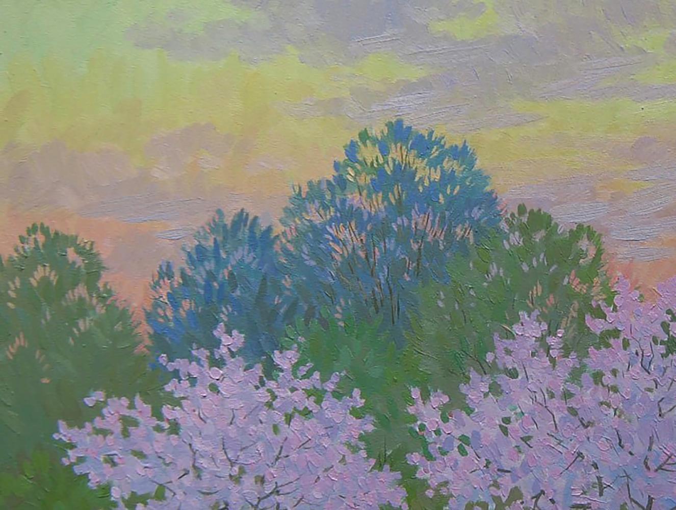 Vibrant impressionistic oil painting of spring blossoming trees by Valery Savenets