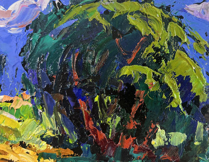 Oil painting Evening colors of the sky by Oleksiy Ivanyuk, lush green tree