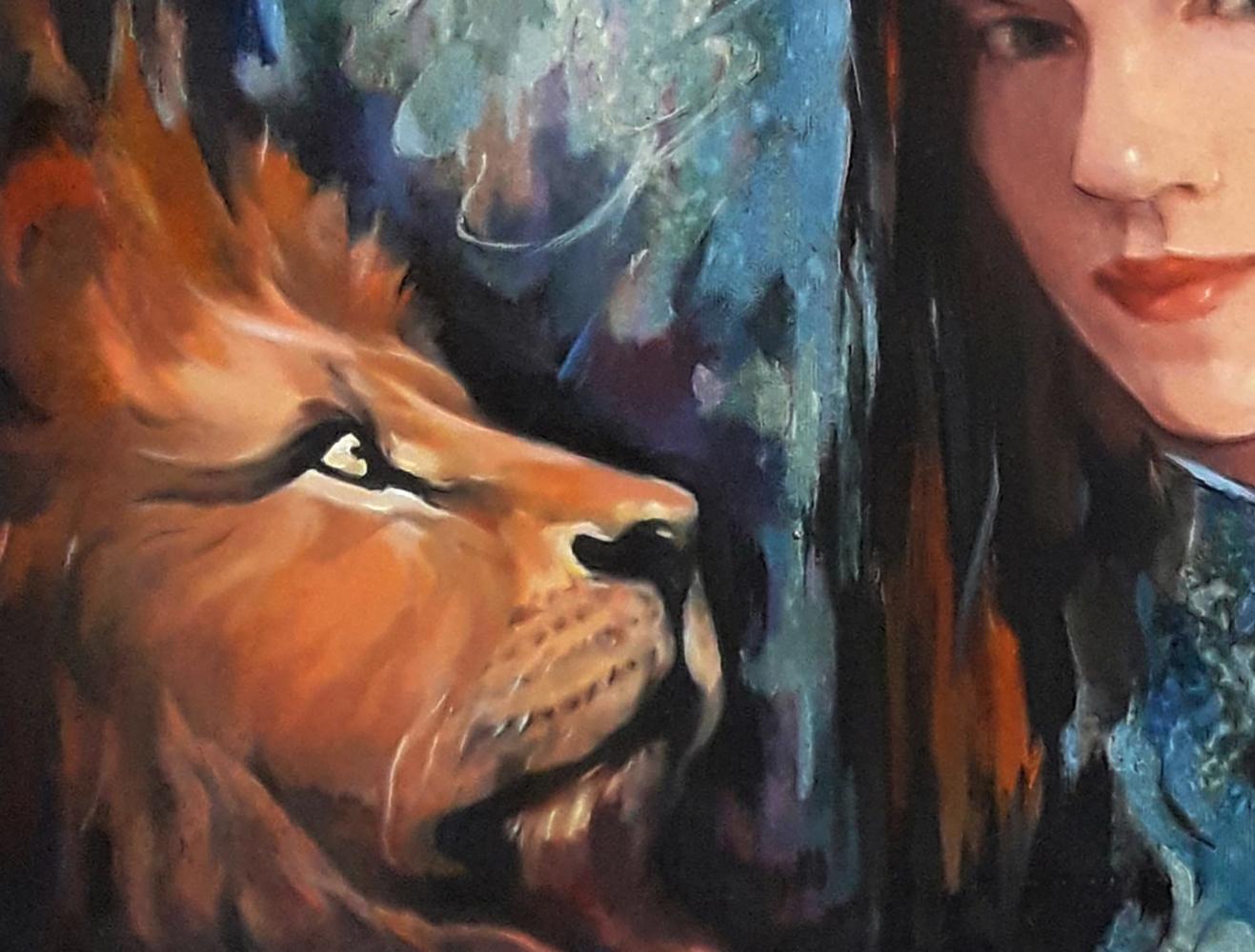 Oil painting of girl and lion portrait by Vasily Korkishko