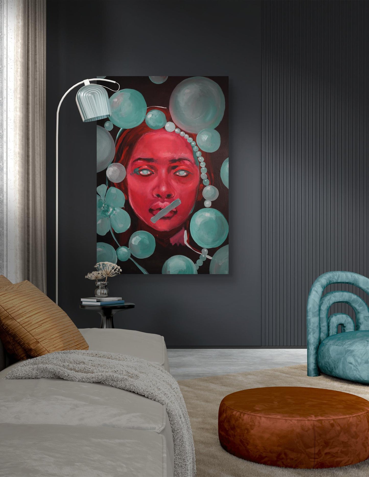 Vibrant red portrait oil painting Enforced Silence by Victoria Kagalovska
