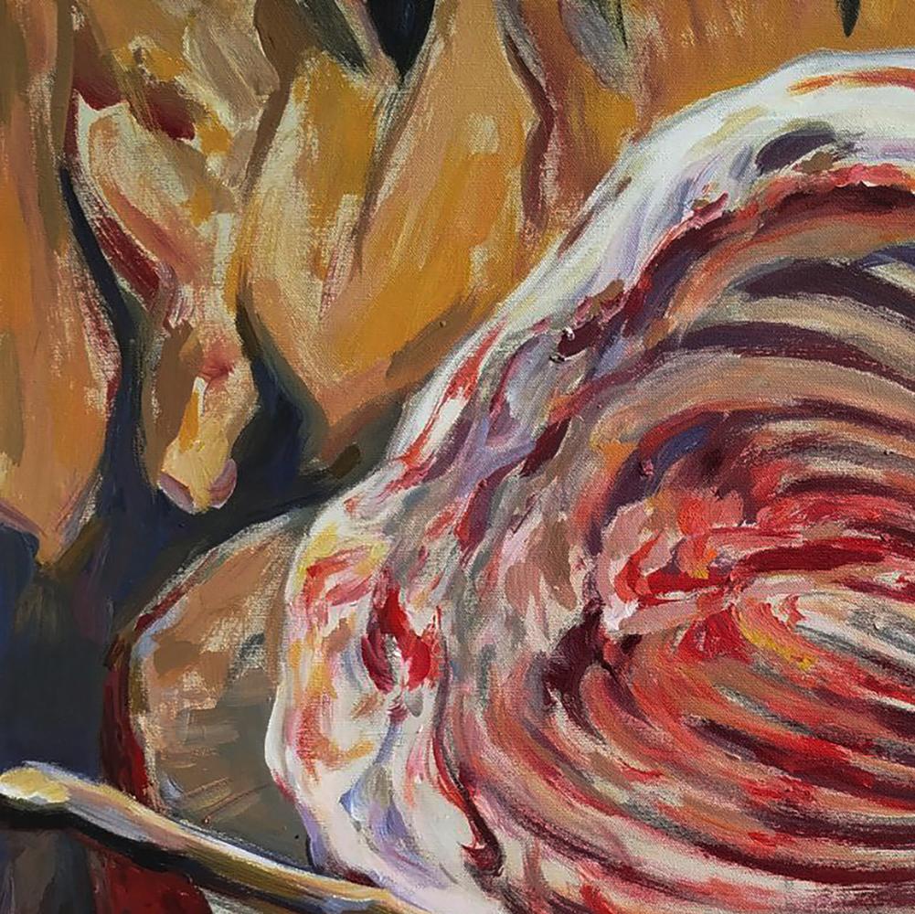 Oil painting Piece of Meat by Leonid Pavlenko, swirling draped fabric in reds and whites