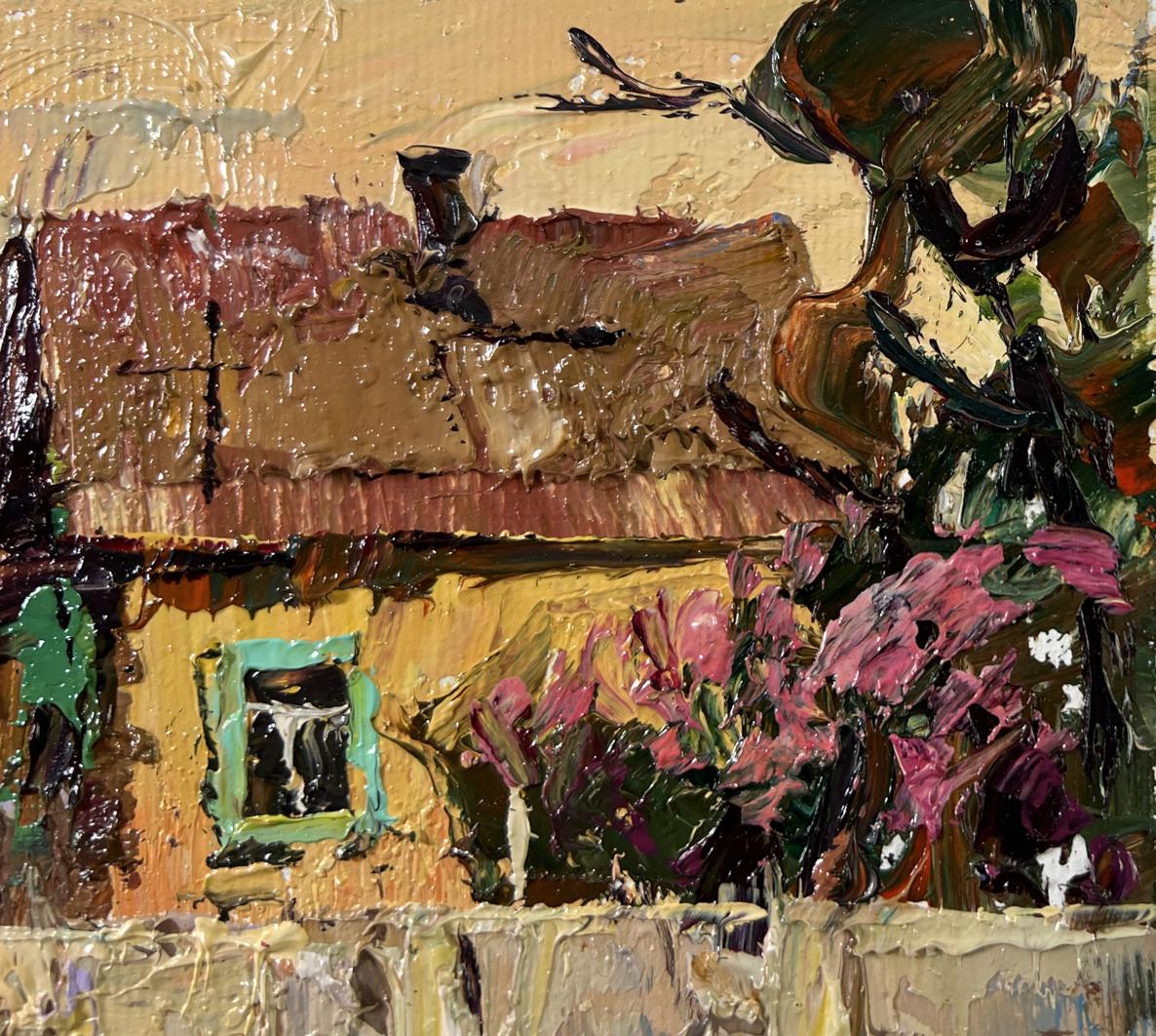 Oil painting Light at day’s end by Oleksiy Ivanyuk: rustic yellow house amid pink flowers