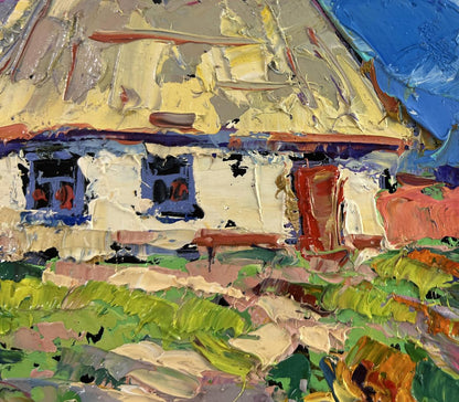 Vibrant oil painting of rustic cottage with yellow roof by Oksana Ivanyuk
