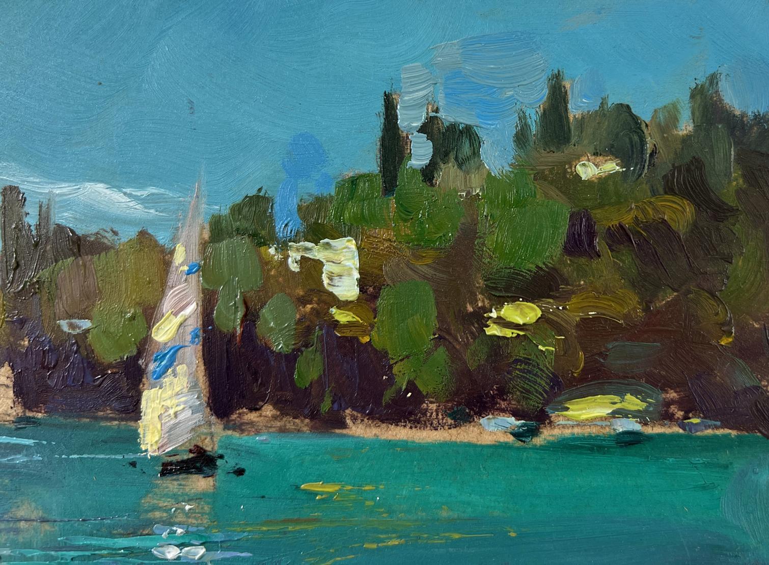 Oil painting of sailboat with white yellow blue sail on turquoise sea by Yuriy Suprunchuk