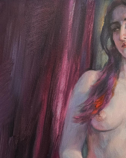 Impressionistic oil painting of woman in violet mood by Oksana Osnach