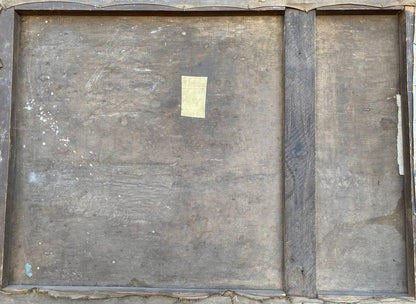Back of oil painting with buckets to the house: weathered dark wood and faded yellow sticker