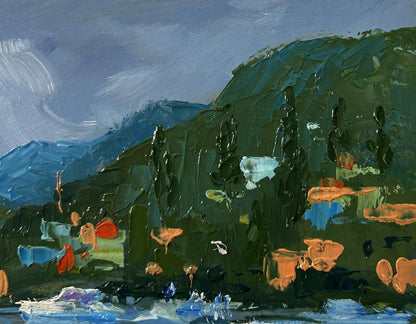Textured impressionist oil painting of boats near mountains by Yuriy Suprunchuk
