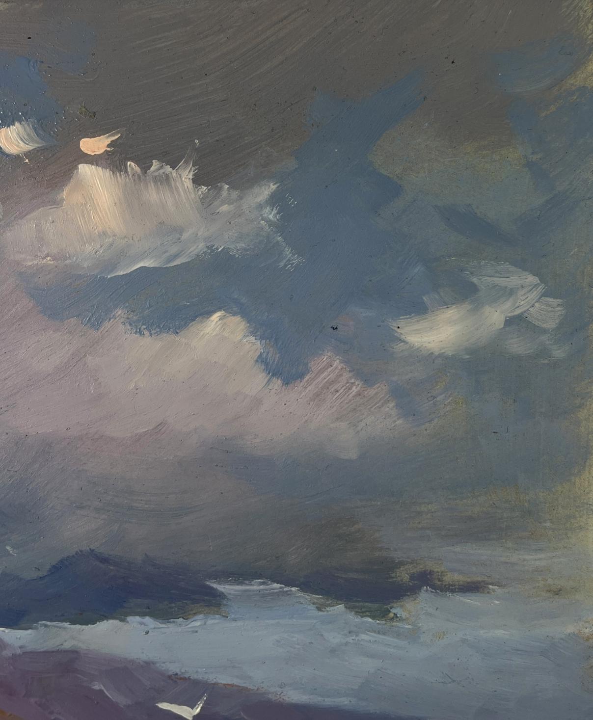 Oil painting of fishermen pulling nets into moody cloudy sea by Yuriy Suprunchuk