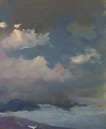 Oil painting of fishermen pulling nets into moody cloudy sea by Yuriy Suprunchuk