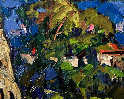 Oil painting of chapel near village by Oleksiy Ivanyuk, vibrant green blue yellow strokes