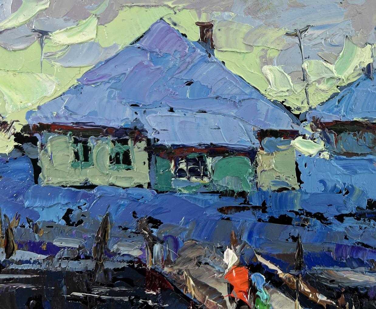 Vibrant impressionistic oil painting of Oksana Ivanyuks evening light native house with blue roof and green walls
