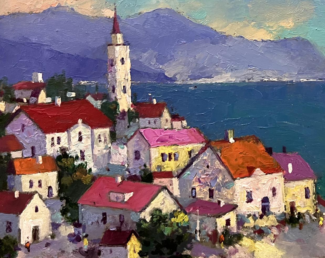 Vibrant oil painting of Serhiy Rybak resort town with colorful coastal village and sea