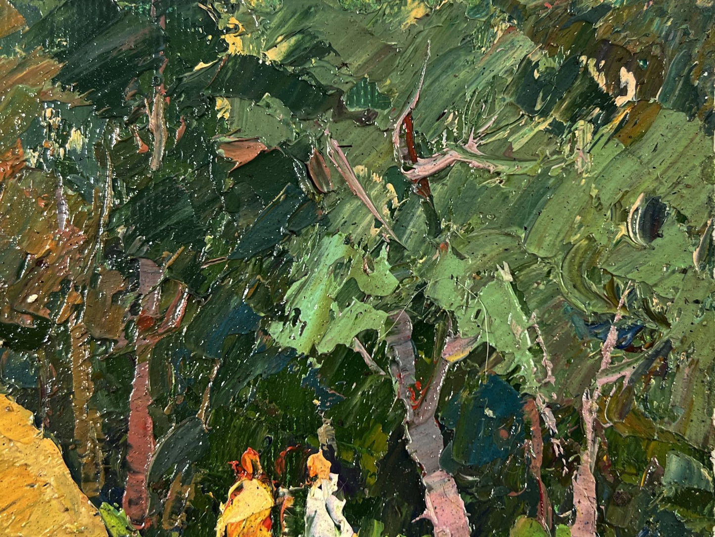 Oil painting of haystack near forest by Oksana Ivanyuk with green foliage