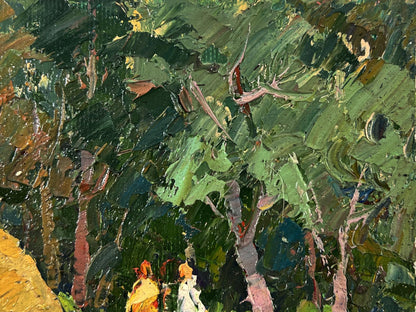 Oil painting of haystack near forest by Oksana Ivanyuk with green foliage