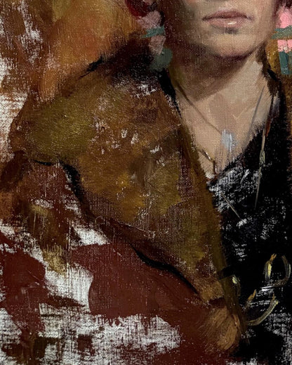 Textured oil painting of Kinga with focused look by Annam Butt