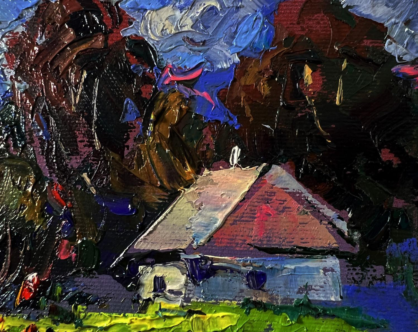 Oil painting Village life in silence by Oleksiy Ivanyuk, house among trees