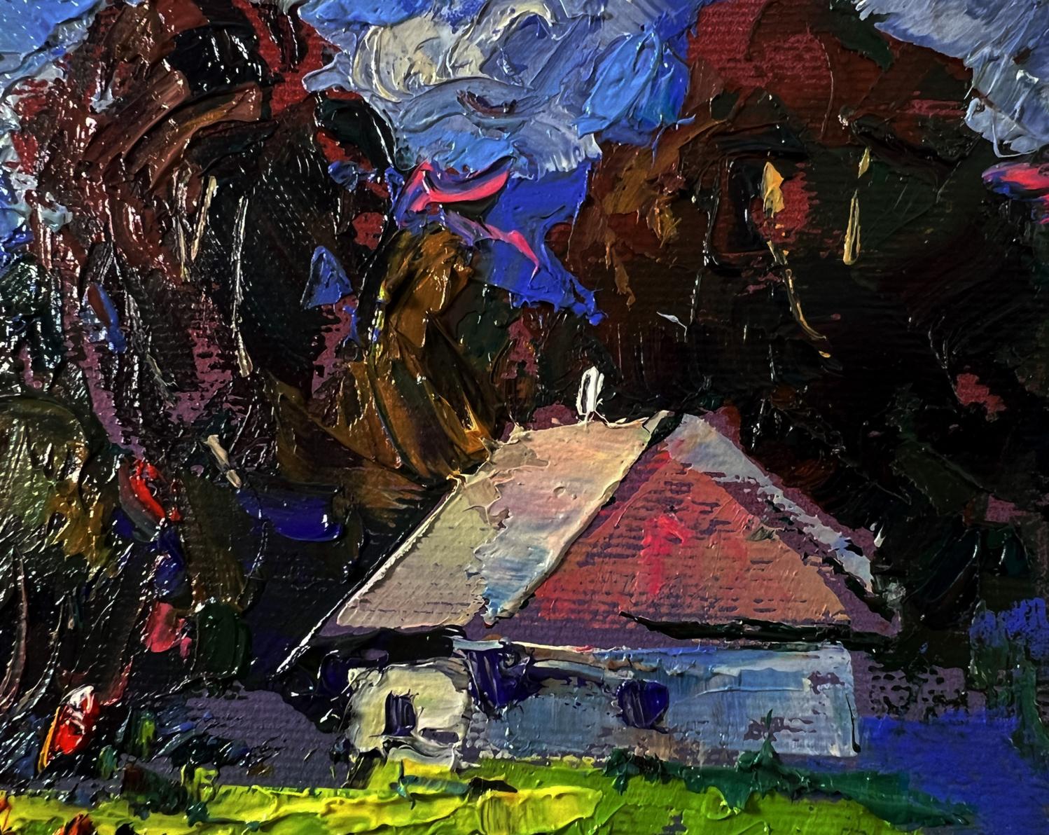 Oil painting Village life in silence by Oleksiy Ivanyuk, house among trees