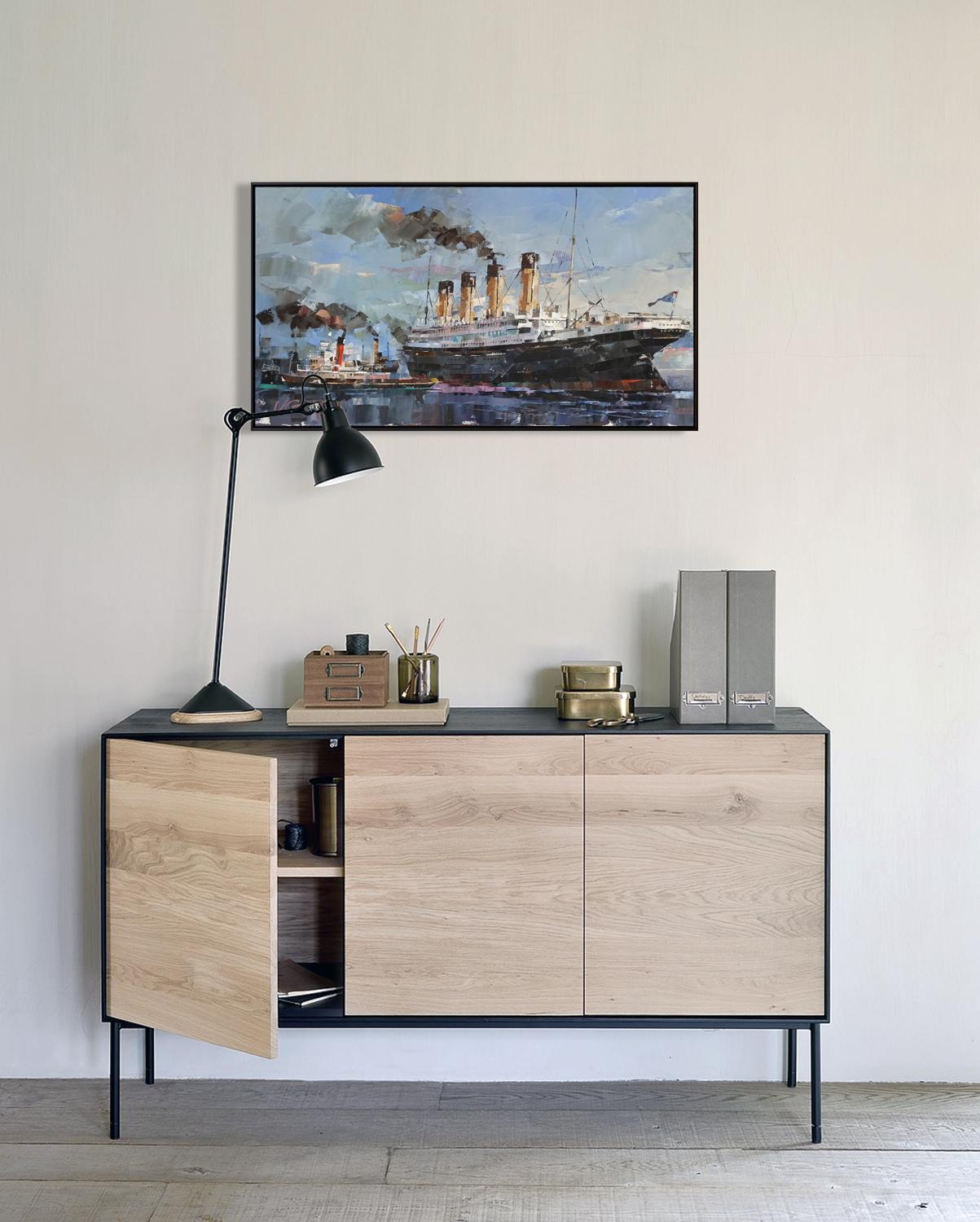 Modern oak sideboard with black metal frame displaying Olympic oil painting