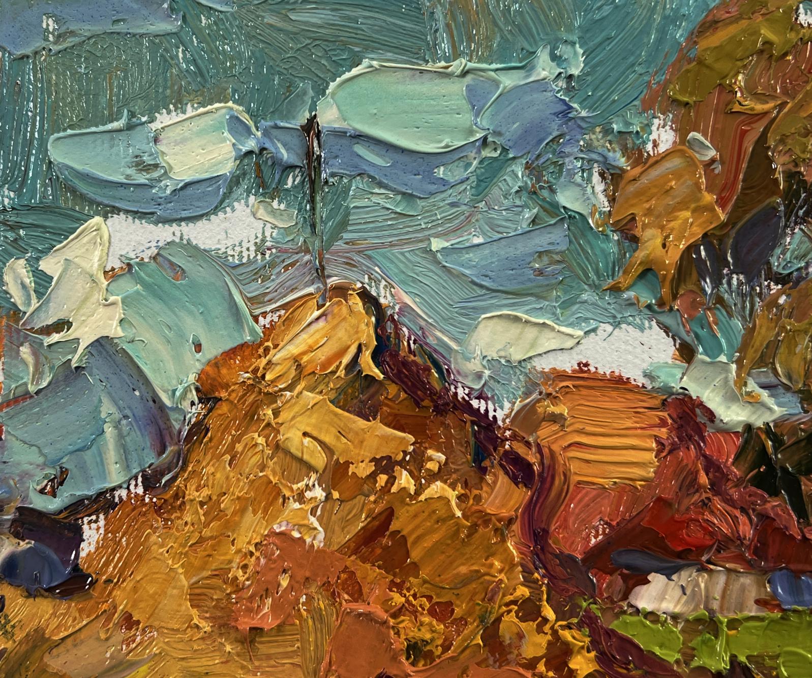 Oil painting Autumn evening by Oksana Ivanyuk in teal blue ochre brown