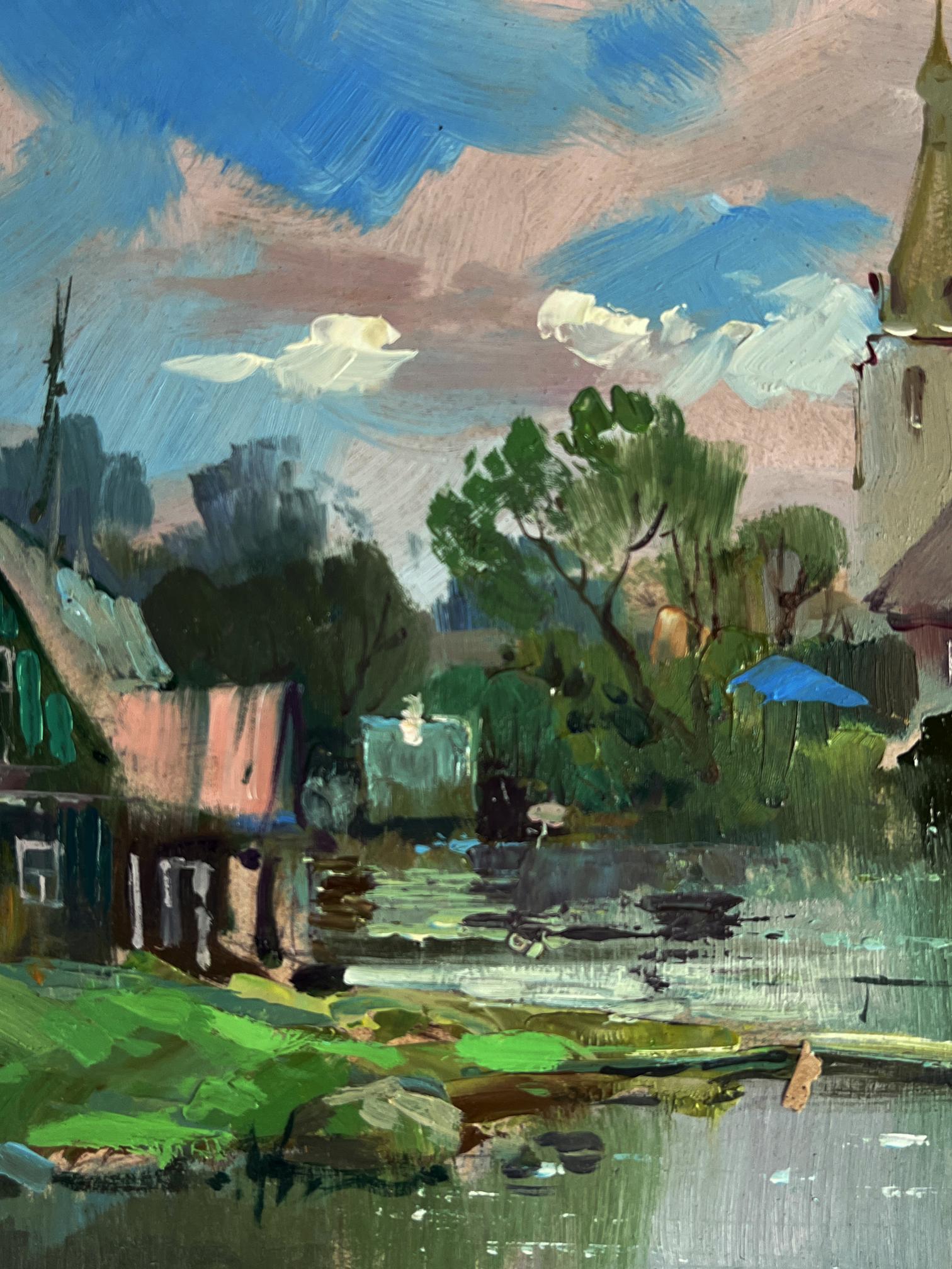 Vibrant impressionist oil painting of river near church by Yuriy Suprunchuk