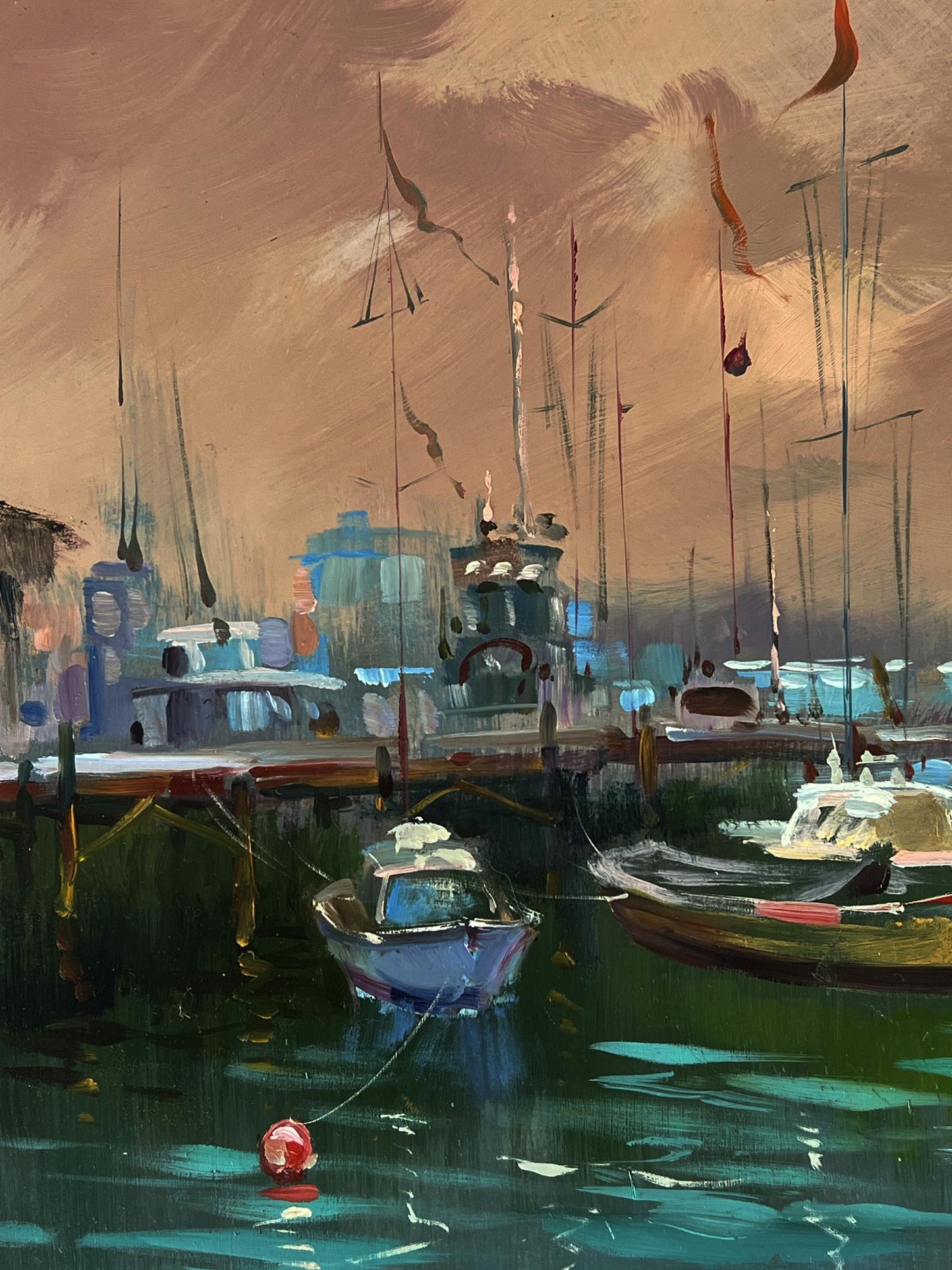 Oil painting Sunset at the city pier by Yuriy Suprunchuk