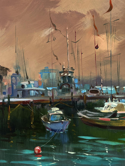 Oil painting Sunset at the city pier by Yuriy Suprunchuk