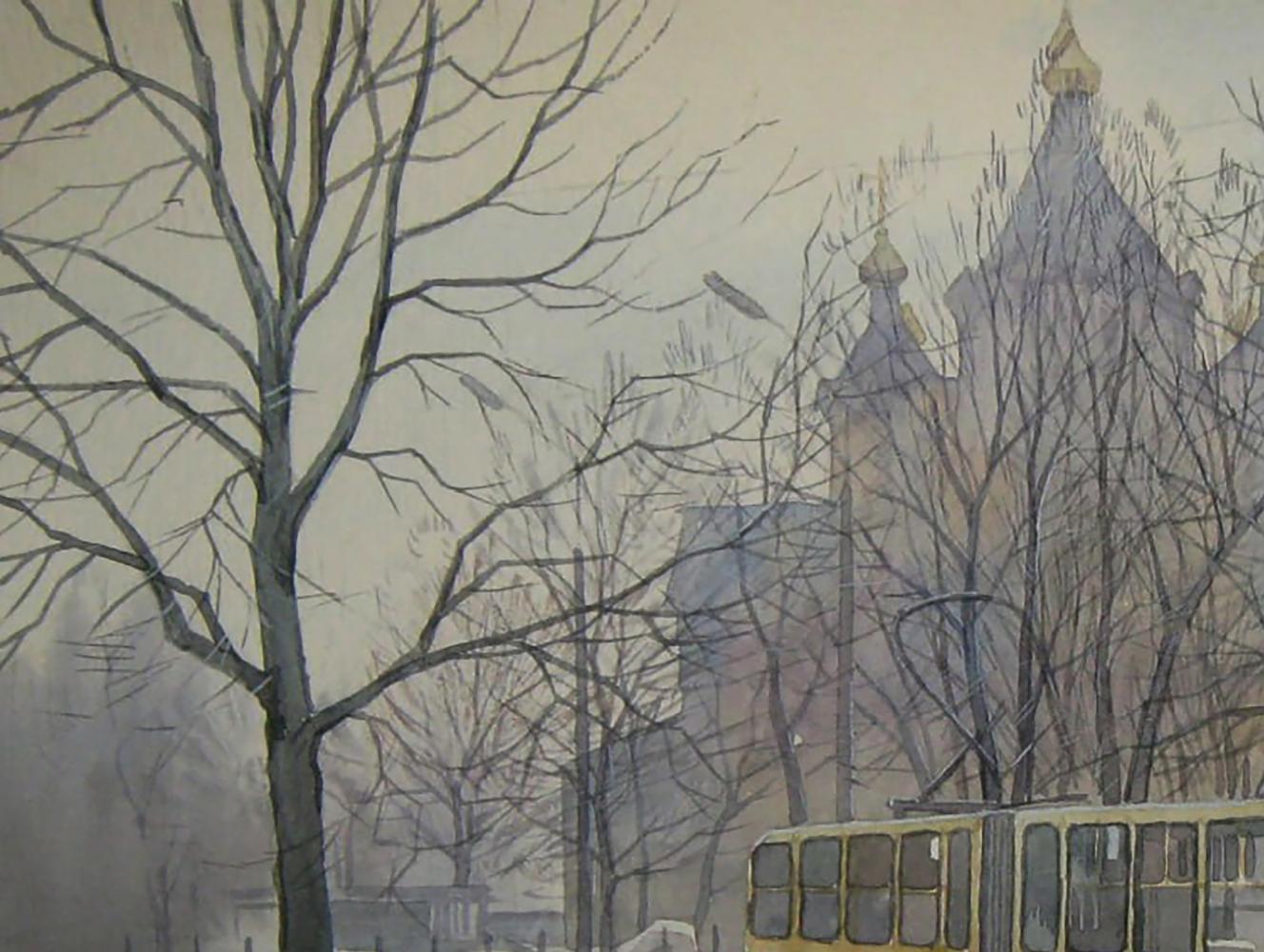 Yellow tram in watercolor city morning by Valery Savenets, bare trees backdrop